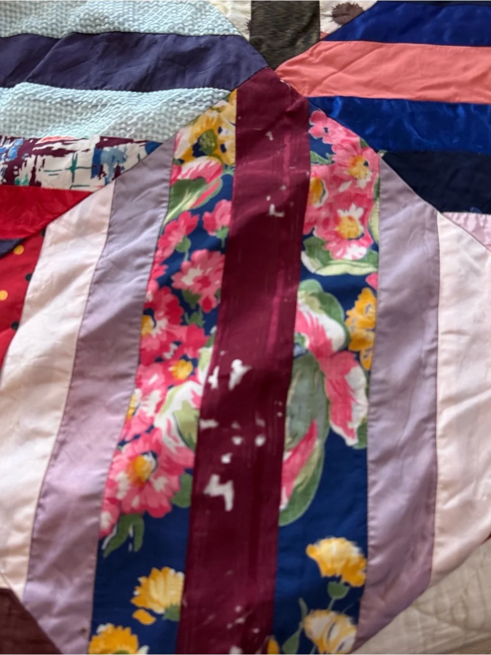Vintage Handmade Satin String Quilt 62x96 Boho Patchwork Bed Throw